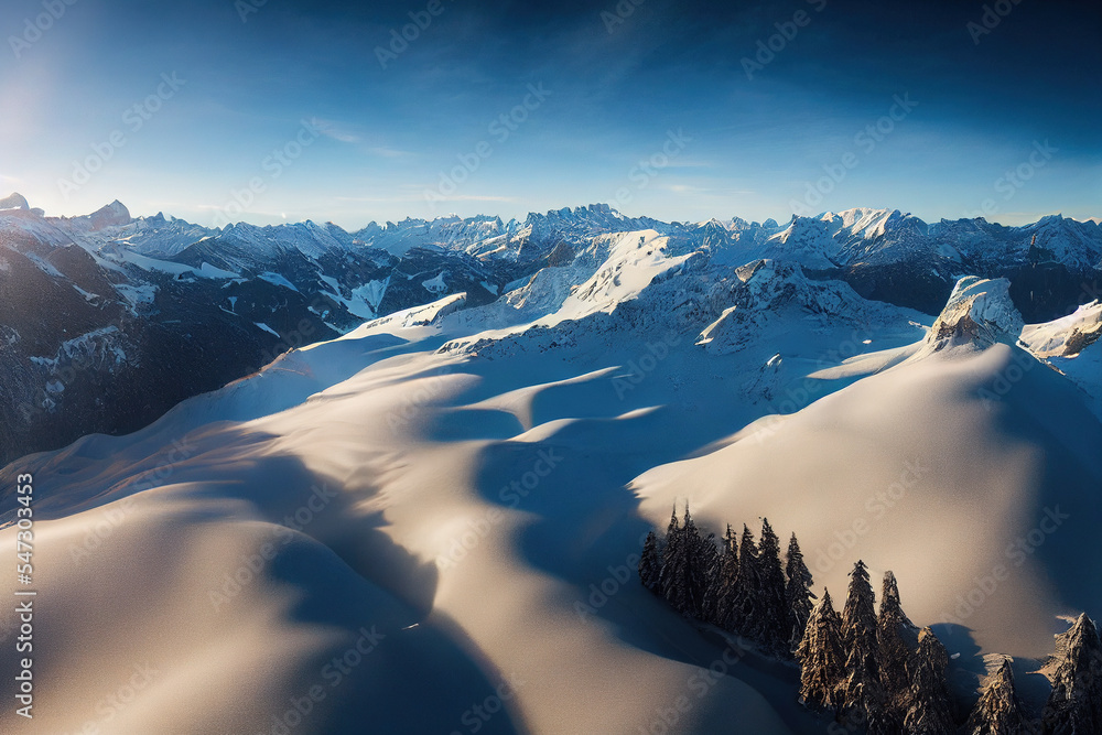 无人机拍摄的雪山鸟瞰图，展示冬季山脉壮观的高山景观