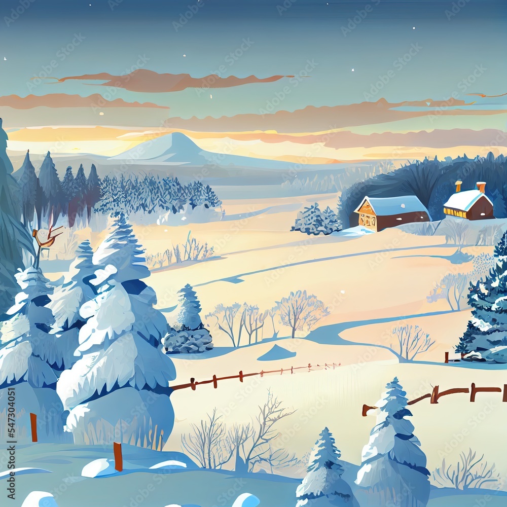 wintry landscape scenery with flat county and woods