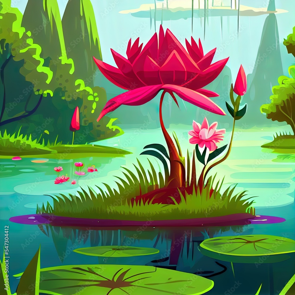 2d illustrated cartoon illustration the Scarlet Flower on an island in a swamp in the forest. Backgr