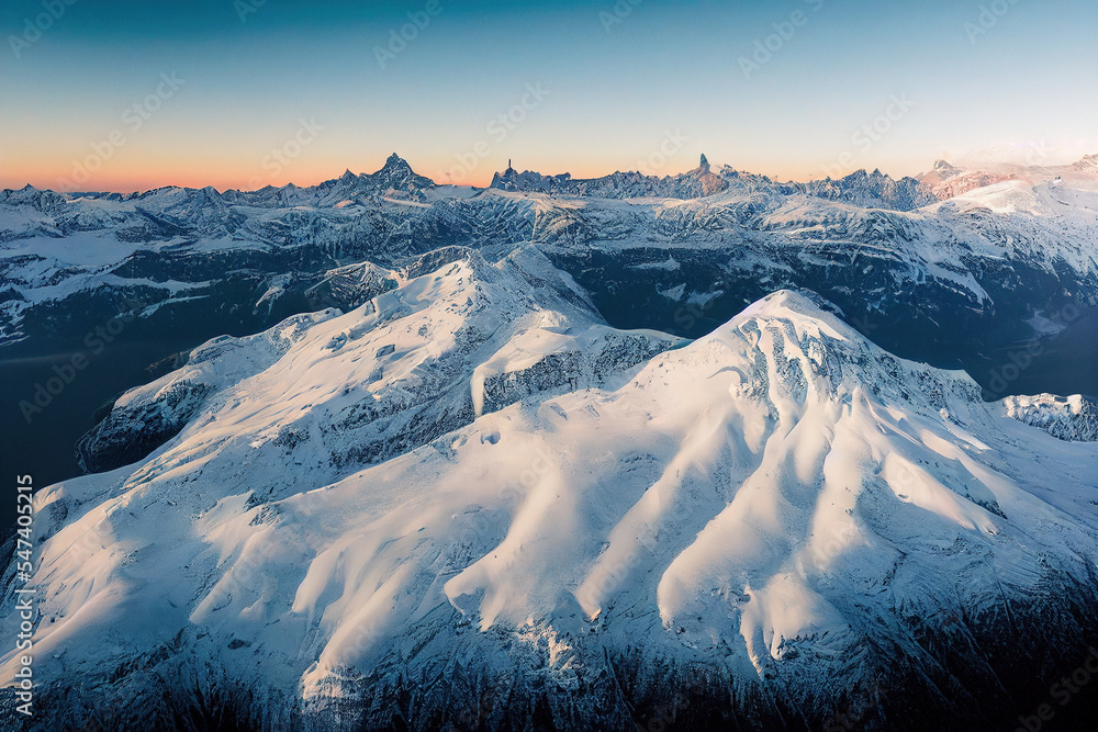 无人机拍摄的雪山鸟瞰图，展示冬季山脉壮观的高山景观