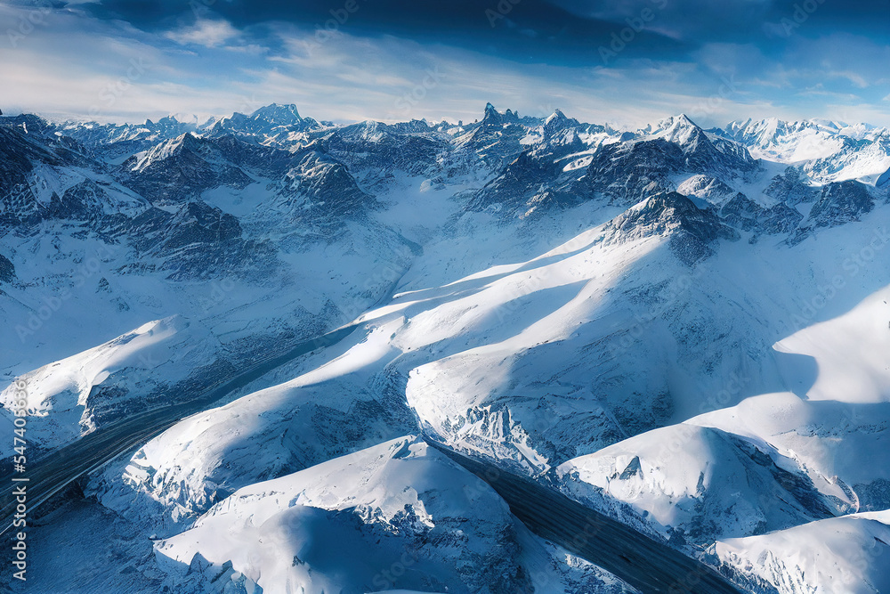 Snow covered mountain aerial view from drone showing spectacular alpine landscape of winter mountain