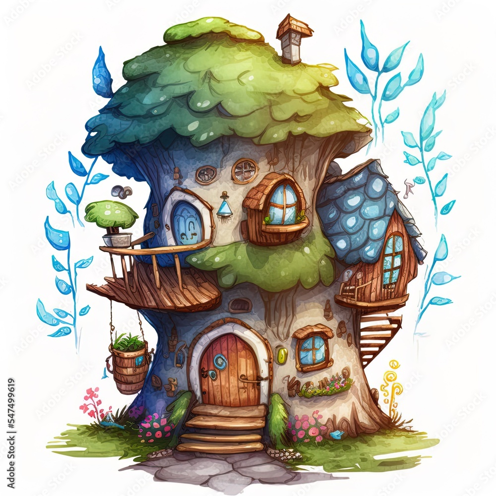 Fairytale gnome house. Watercolor cartoon illustration