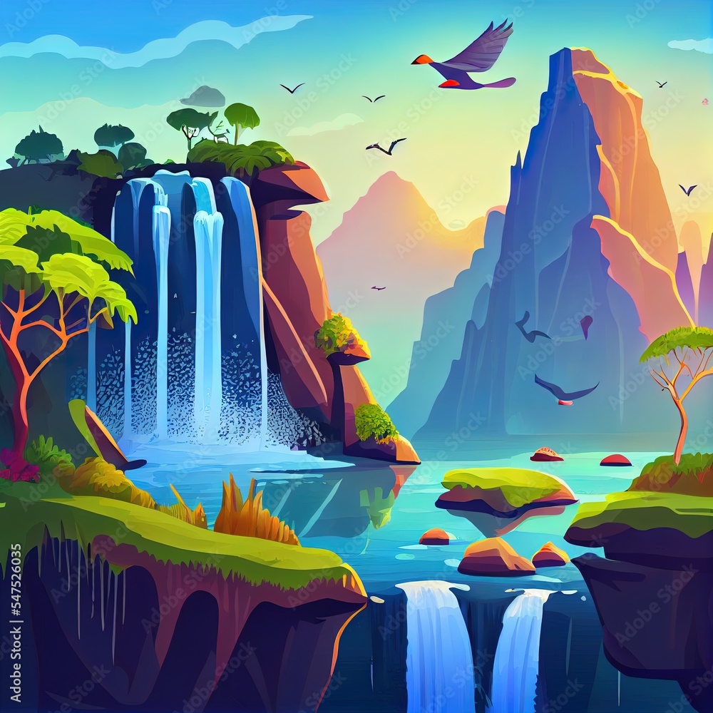 The magical islands. Fantastic fairy tale background, digital art. Illustration of a mountain dawn l