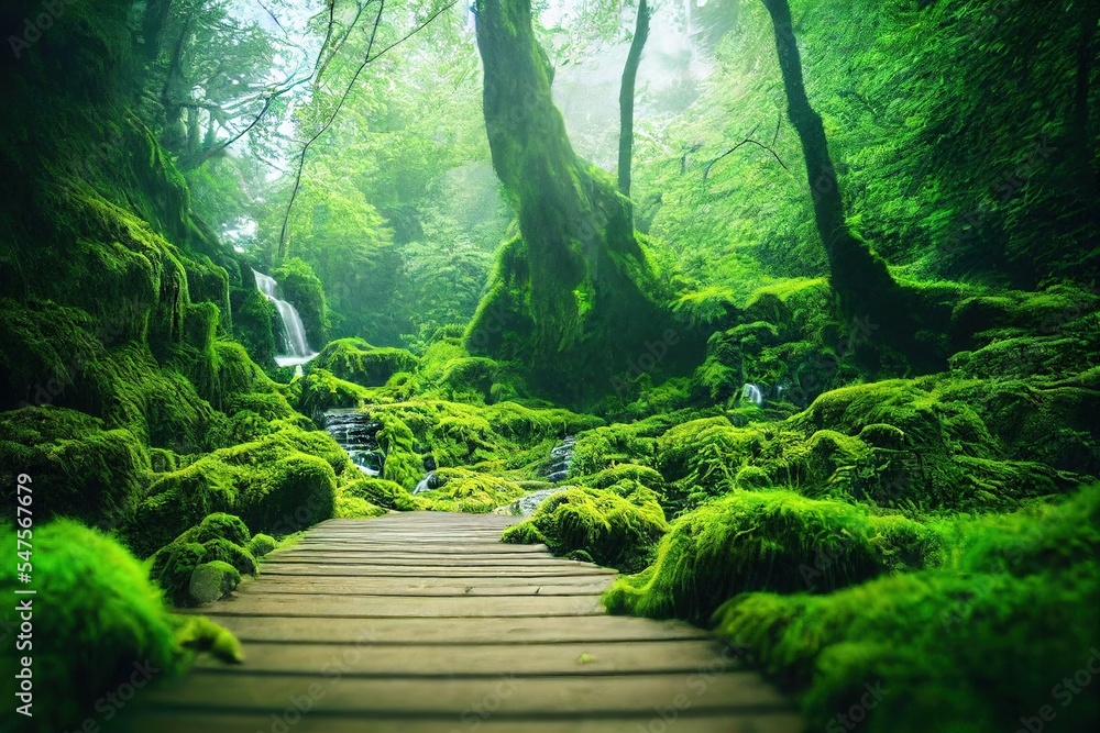 Spectacular waterfall scene in the deep forest with green trees, nature setting. Green scenic landsc