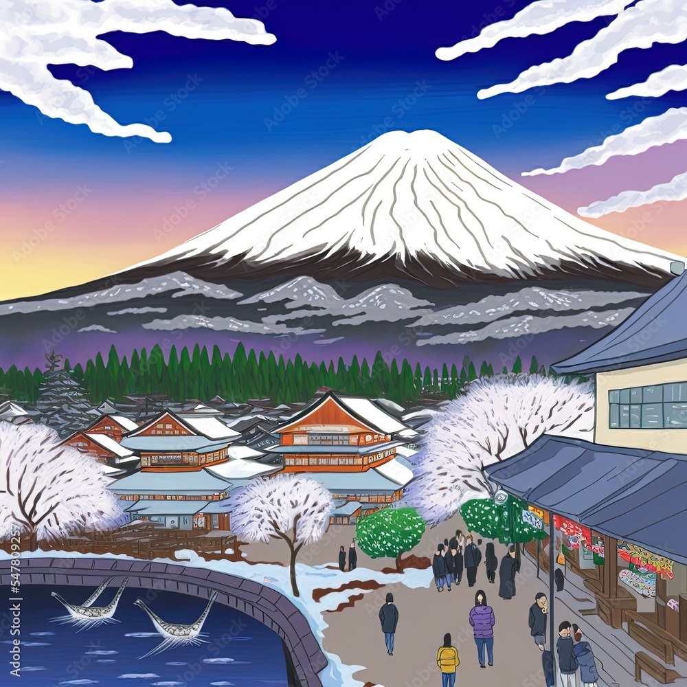 2015年12月28日，日本KAWAGUCHIKO。游客们来到大分公园欣赏富士山的美景。