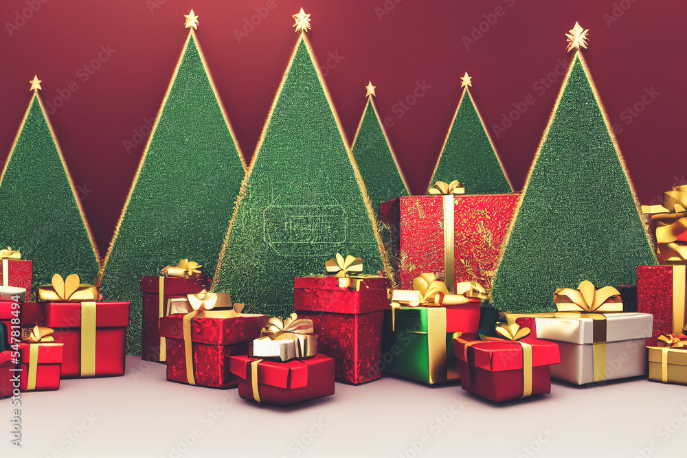 Christmas festival decoration with gift boxes pile, ribbon and spectacular christmas tree for giving