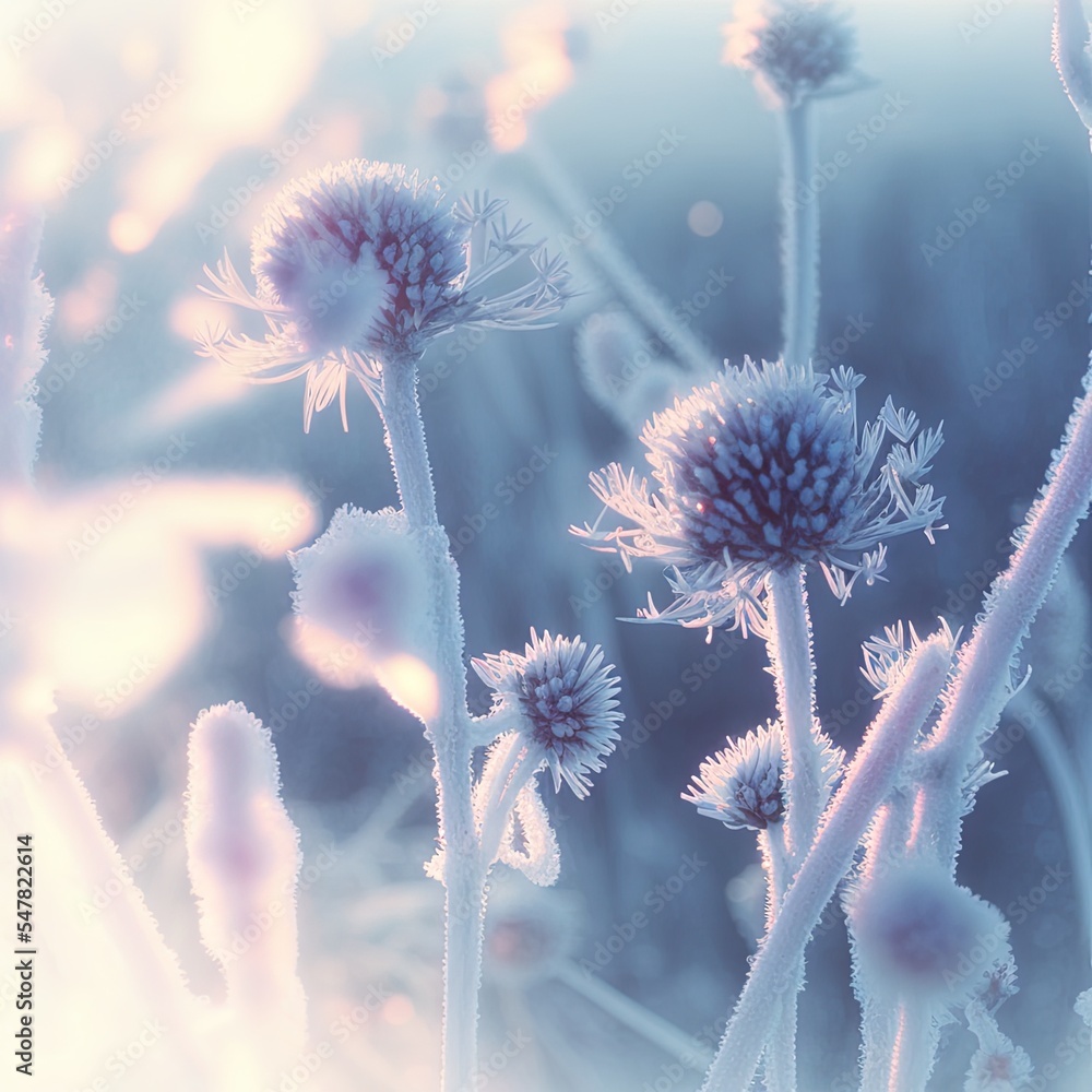 delicate openwork flowers in the frost. Gently frosty natural winter background. Beautiful winter mo