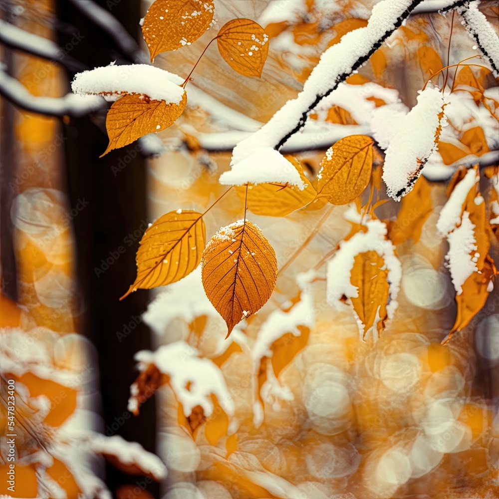 森林里黄色秋叶上的雪。宏观图像，选择性聚焦