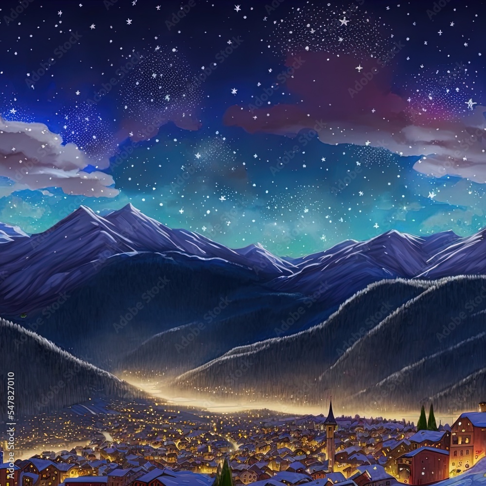 The wonderful starry sky on Christmas time and the majestic high mountain range of the Italian Frenc