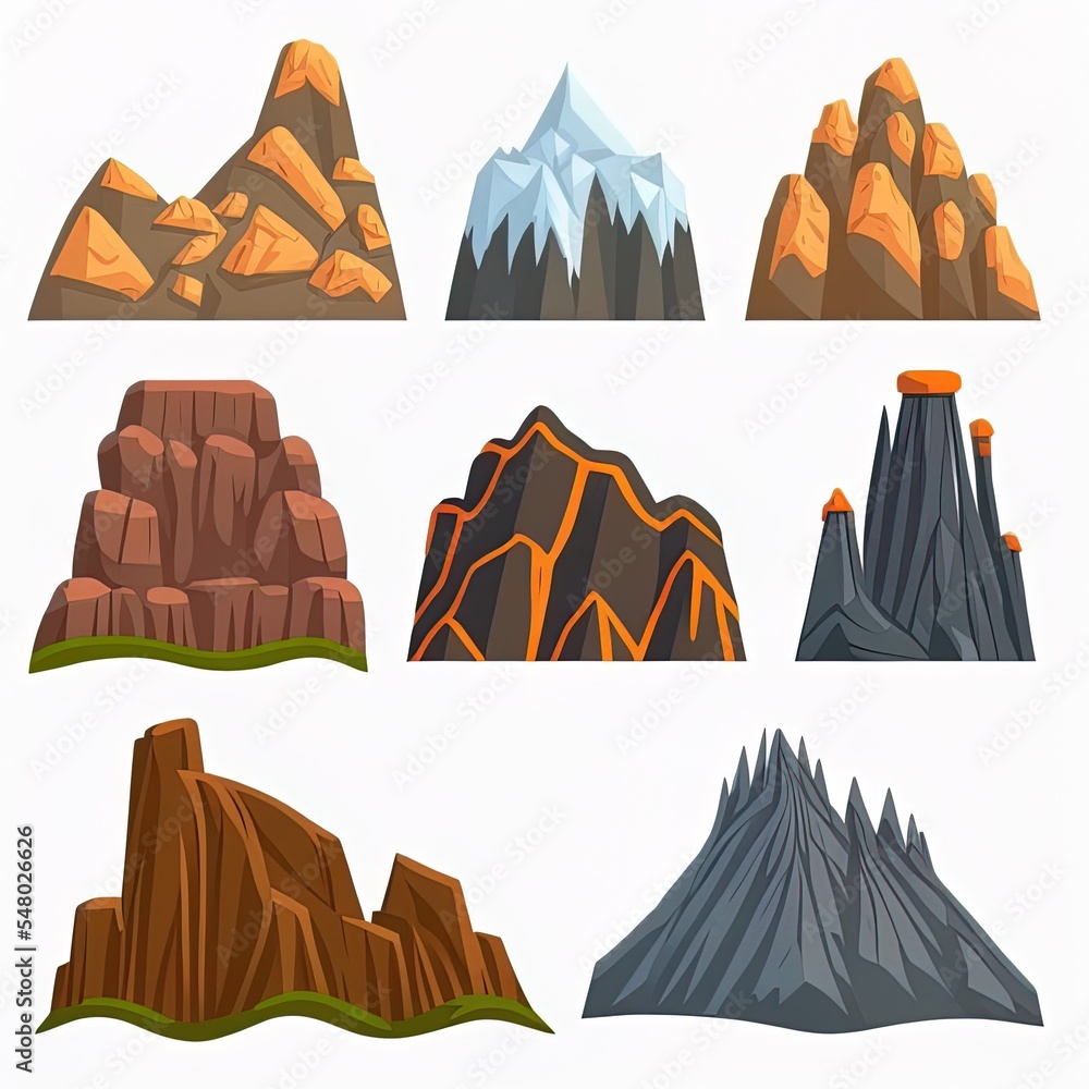 各种山峰平面图标卡通风格。岩石山丘、雪地海角的卡通形状，