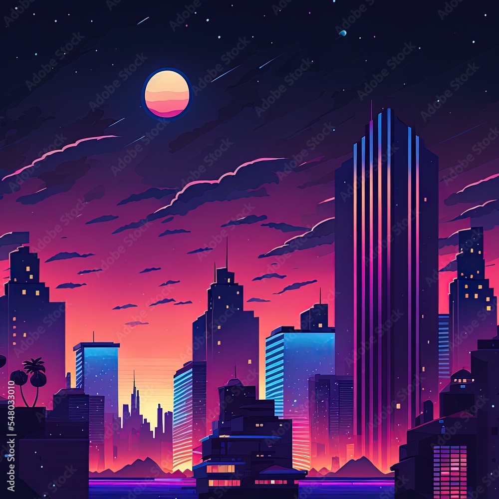 City silhouette 2d illustrated cartoon style