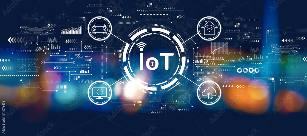 夜间城市灯光模糊的物联网主题