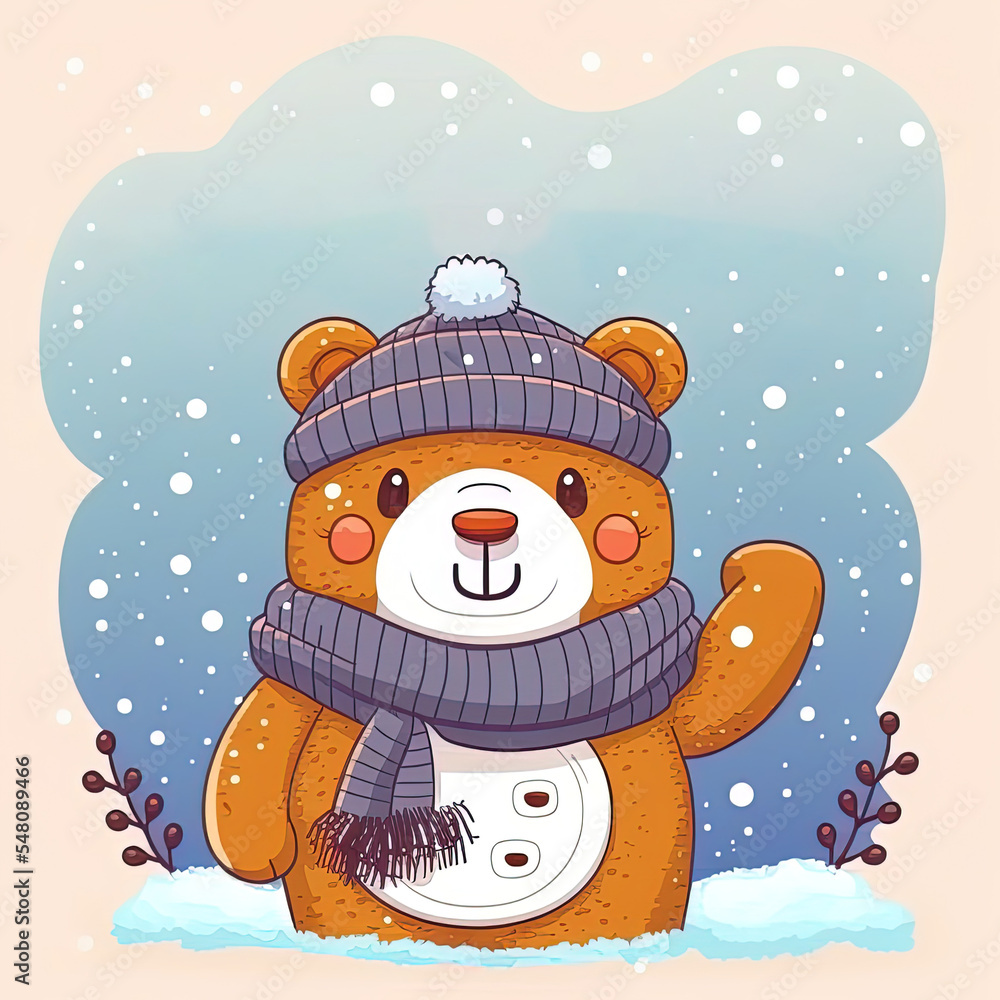 Hello winter slogan with bear toy in winter style illustration