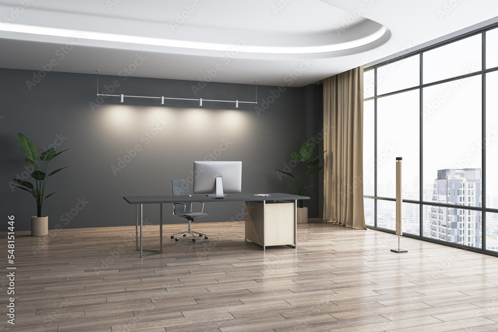 Modern bright office interior with equipment, wooden flooring, furniture, decorative plant and windo