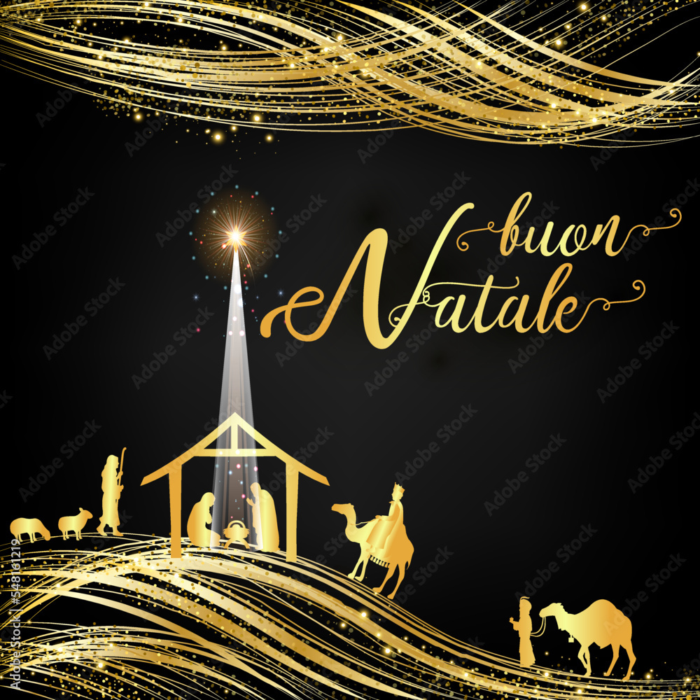 biglietto o striscione Buon Natale in oro su fondo nero con glitter e presepe con animali e Re Magi 