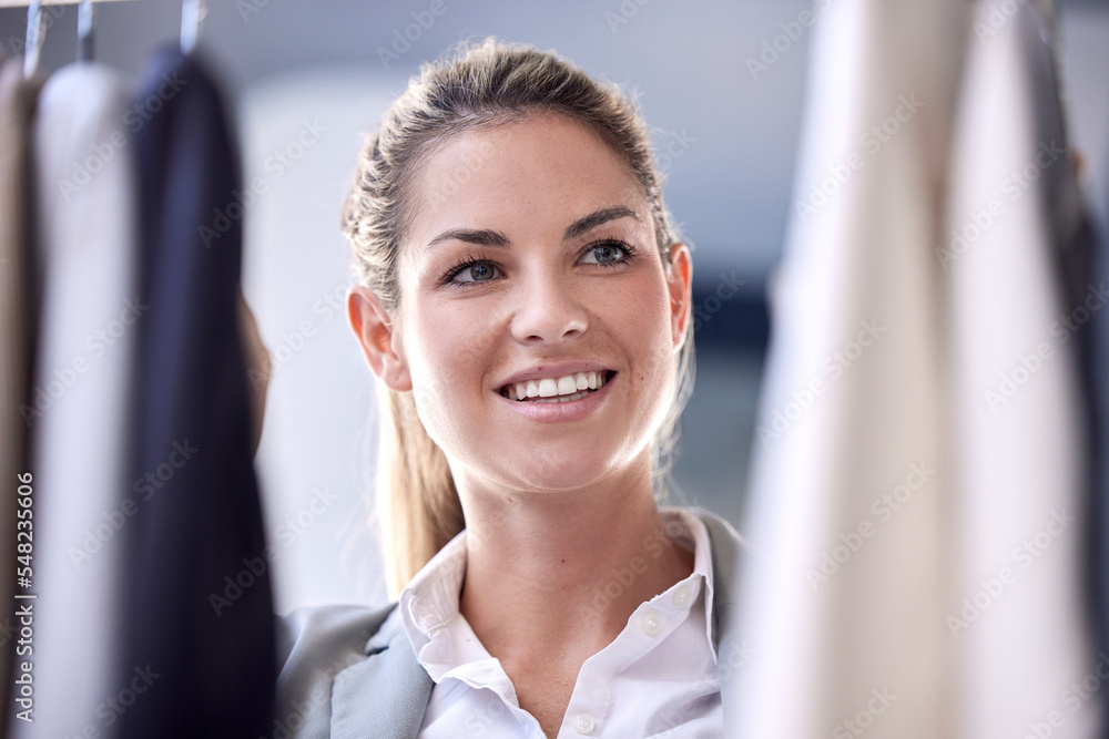 Shopping, clothes and woman in a store for fashion choosing an outfit with material, fabric and text