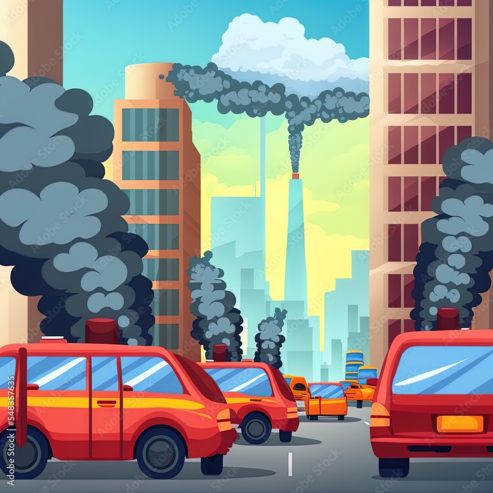 City air pollution vehicles with exhausting pipes on cityscape background transportation means on ro