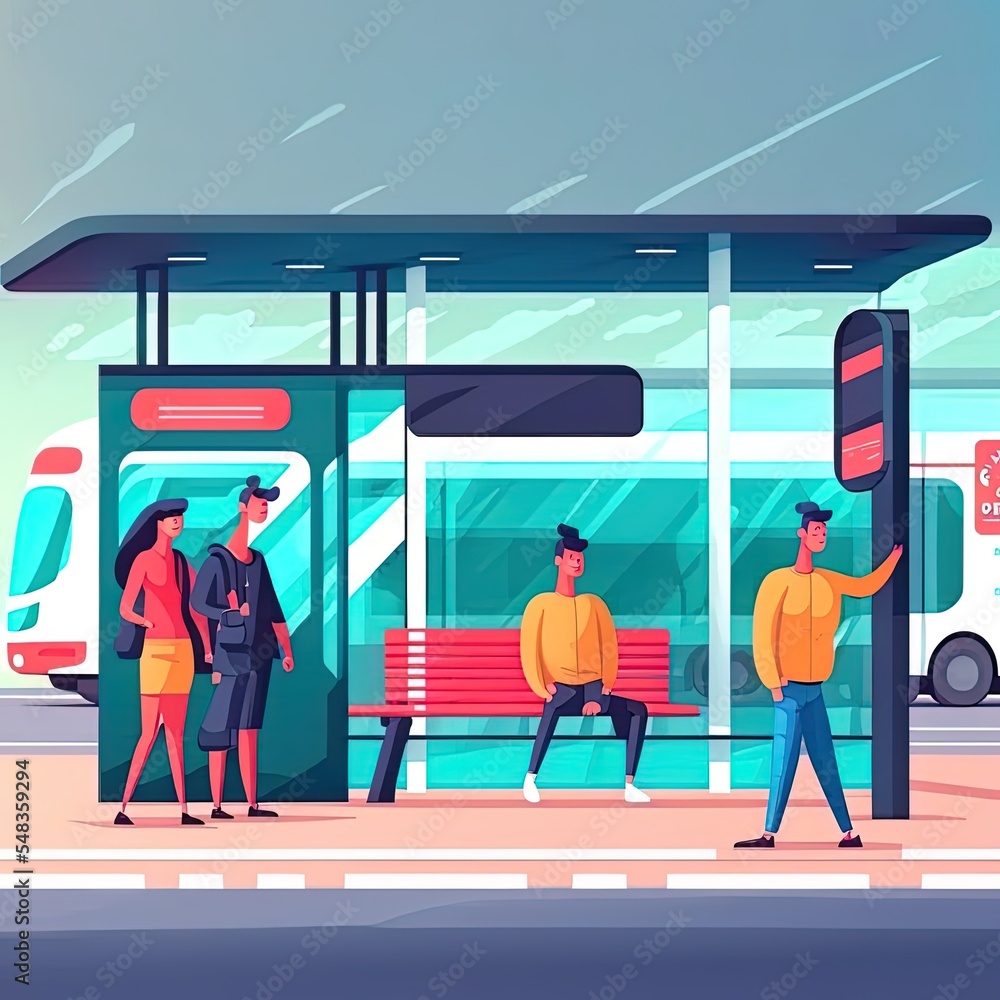 People waiting for a bus. standing, talking and sitting people on bus station, bus stop concept in f