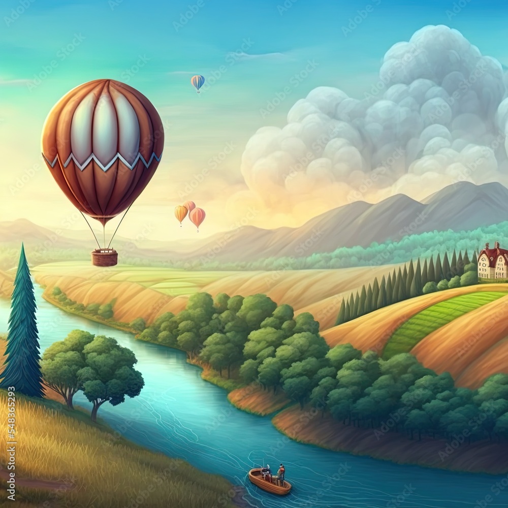 Landscape with hot air balloon