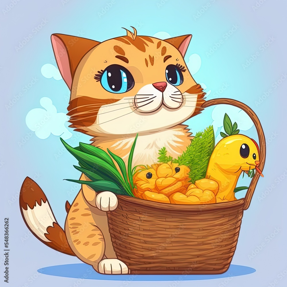 猫抱菜篮子配鸭子卡通插图