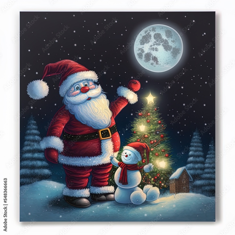 Santa claus with christmas tree and snowman at night