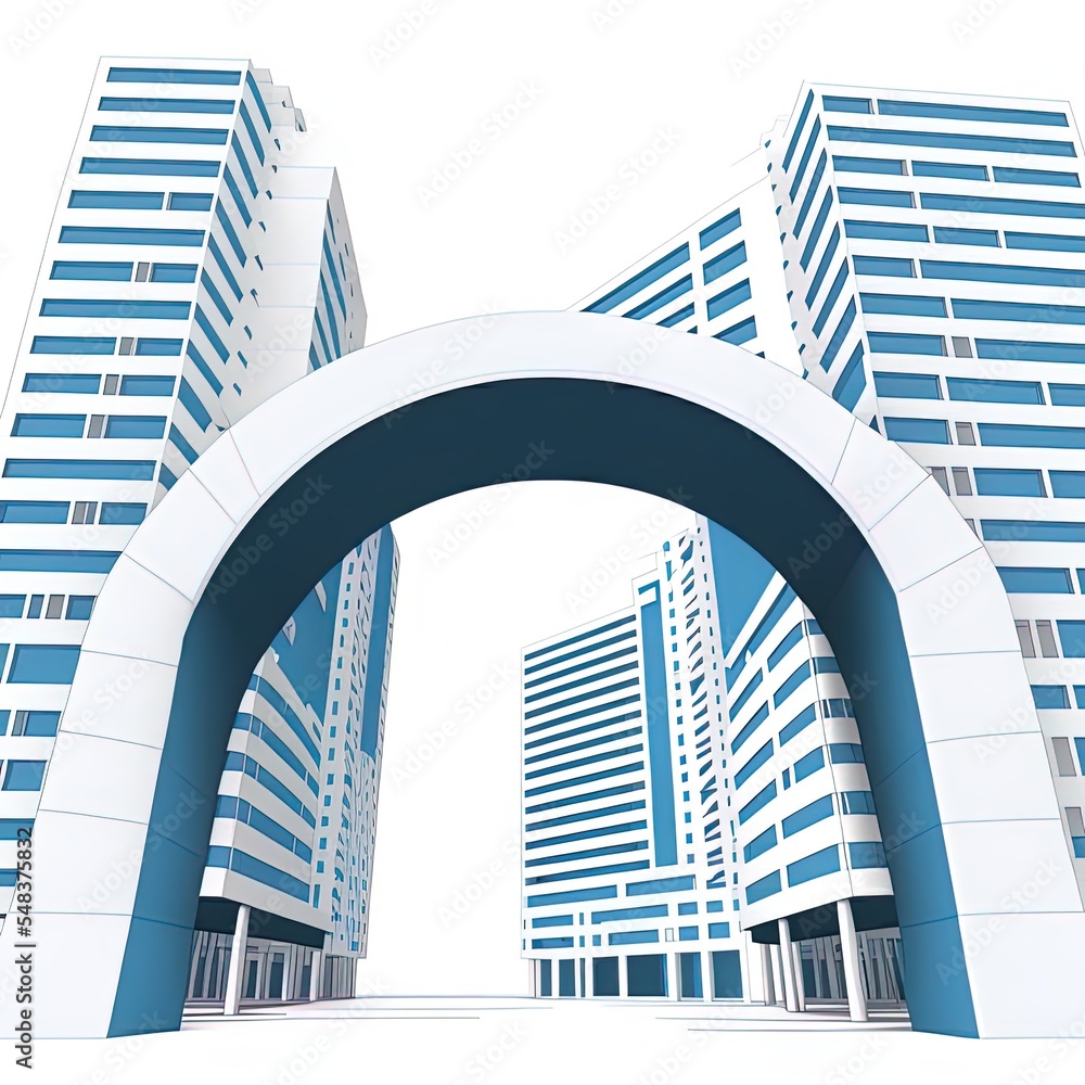 3D Arch Of Modern Architecture Design, Abstract Angular Blue And White Color Buildings, Gates Constr