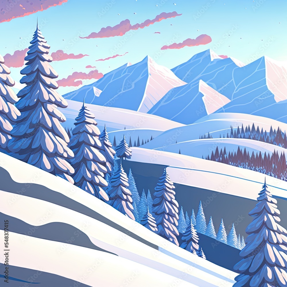 Snow Mountain Slope For Ski And Snowboard Riding In Perspective View. 2D Illustrated Cartoon Pov Ill