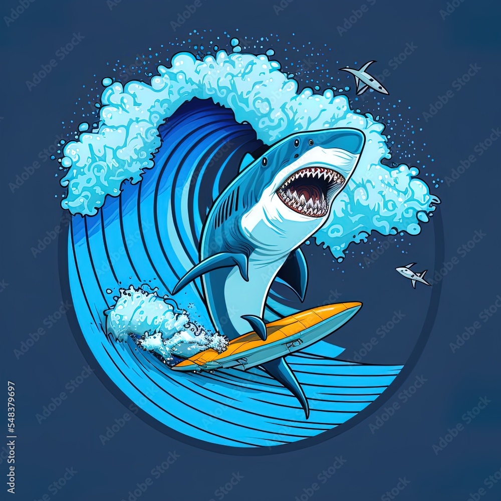 Shark on surfboard with ocean wave