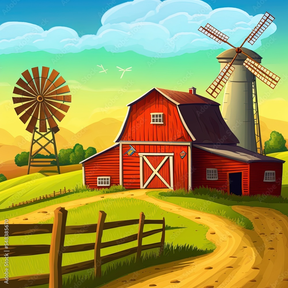 Farm landscape scene with barn and windmill