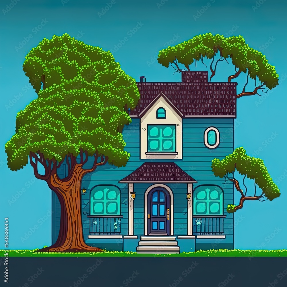 Front of a house with many tree on blue background