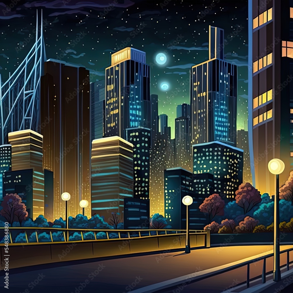 Urban Landscape At Night With Buildings And City Lights