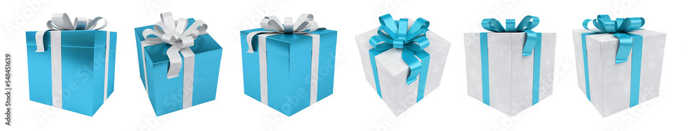 Blue christmas gift collection isolated on transparent background. 3D rendering present set with bow