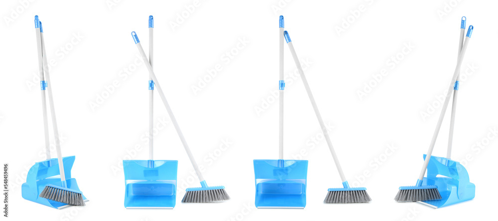 Set of dustpans with brooms isolated on white