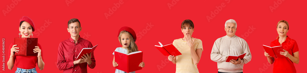 Set of different people with books on red background