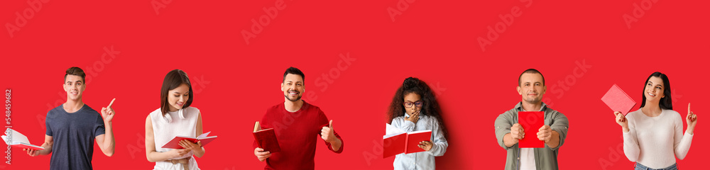 Set of different people with books on red background