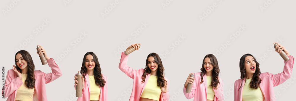 Set of pretty young woman with hair spray on light background