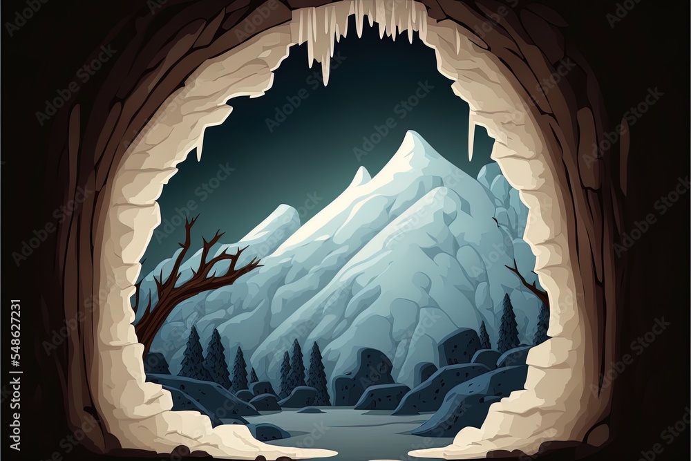 Cave Cartoon Background Stone Tunnel Frame With Snow And Stalactites Entrance To Mountain Empty Hole