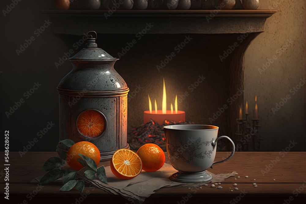 Cozy Composition With A Cup, Candle And Tangerines Over A Burning Fireplace