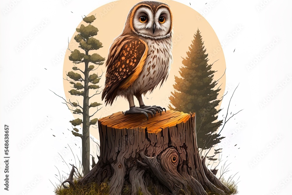 Owl Standing On Stump In Cartoon Style