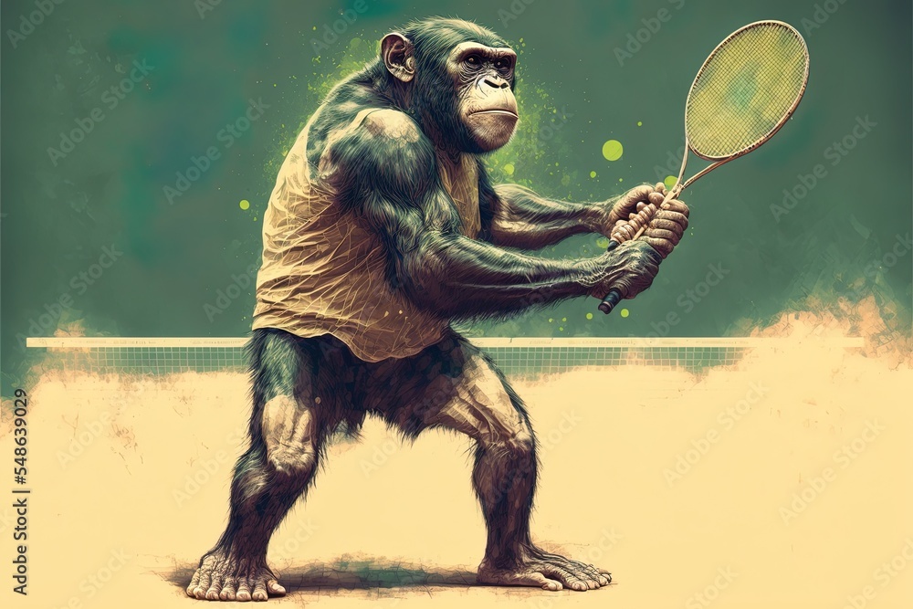 The Chimpanzee Is Playing The Badminton And Hit With The Racket