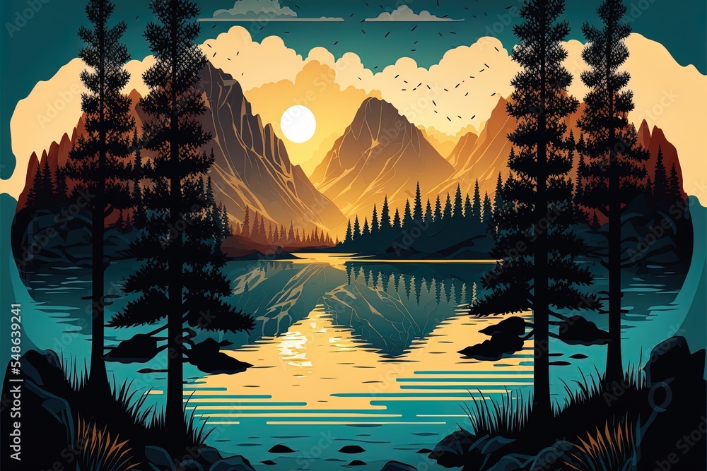 Mountain And Lake Suncartoon Style Landscape. Realistic Tree In Forest And Mountain Silhouettes, Eve