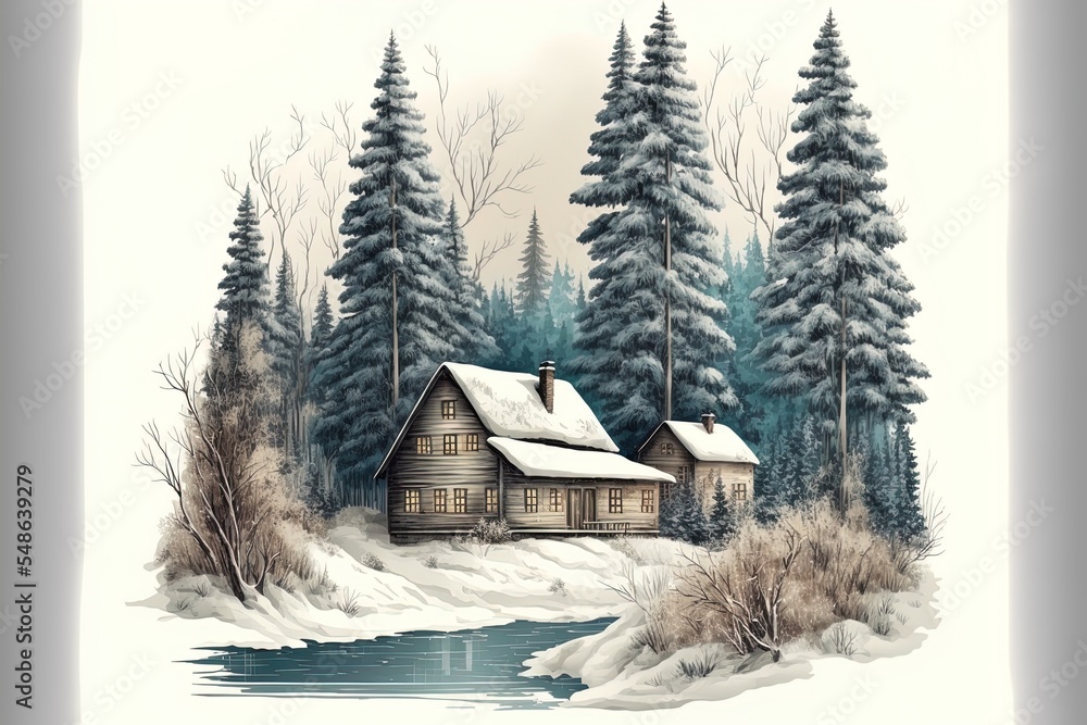 Winter Landscape With Cottage And Fir-Trees Illustration