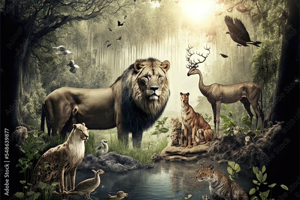 Wild Animals In Forest Landscape Background