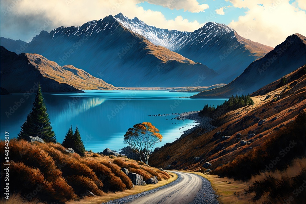 Scenic Lake Road Through The Mountains In New Zealand