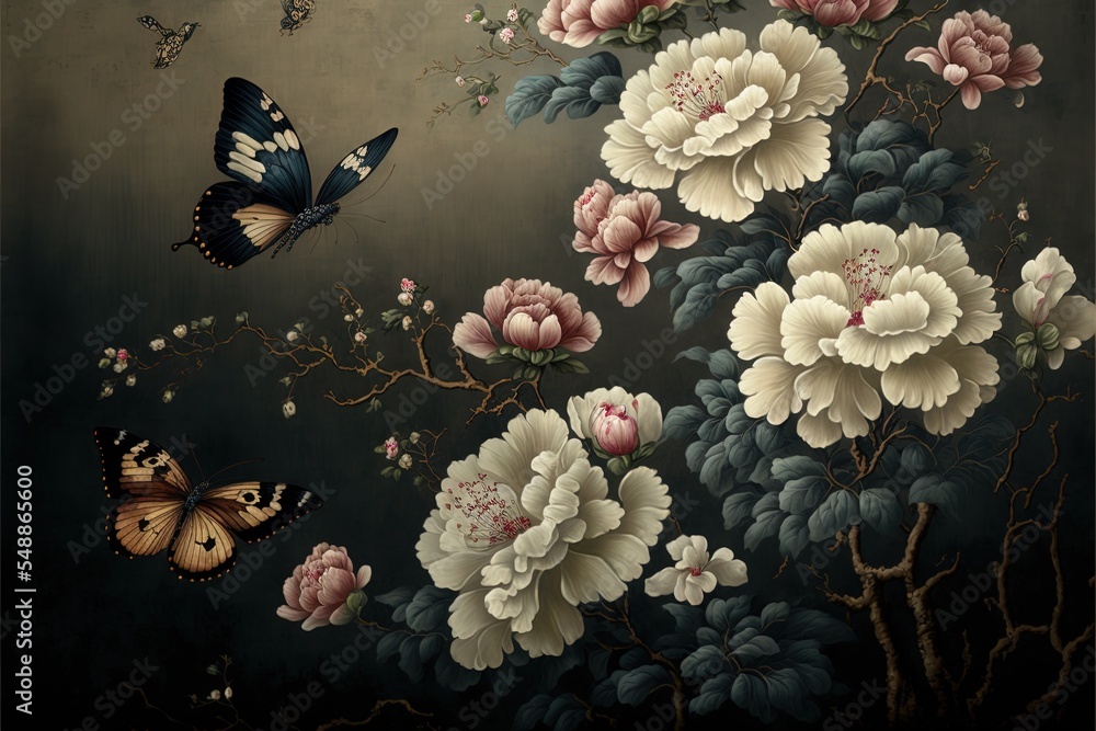 Chinese Painting Featuring Flowers And Butterflies Wallpaper