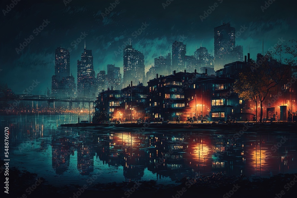 Urban Landscape At Night With Buildings And City Lights