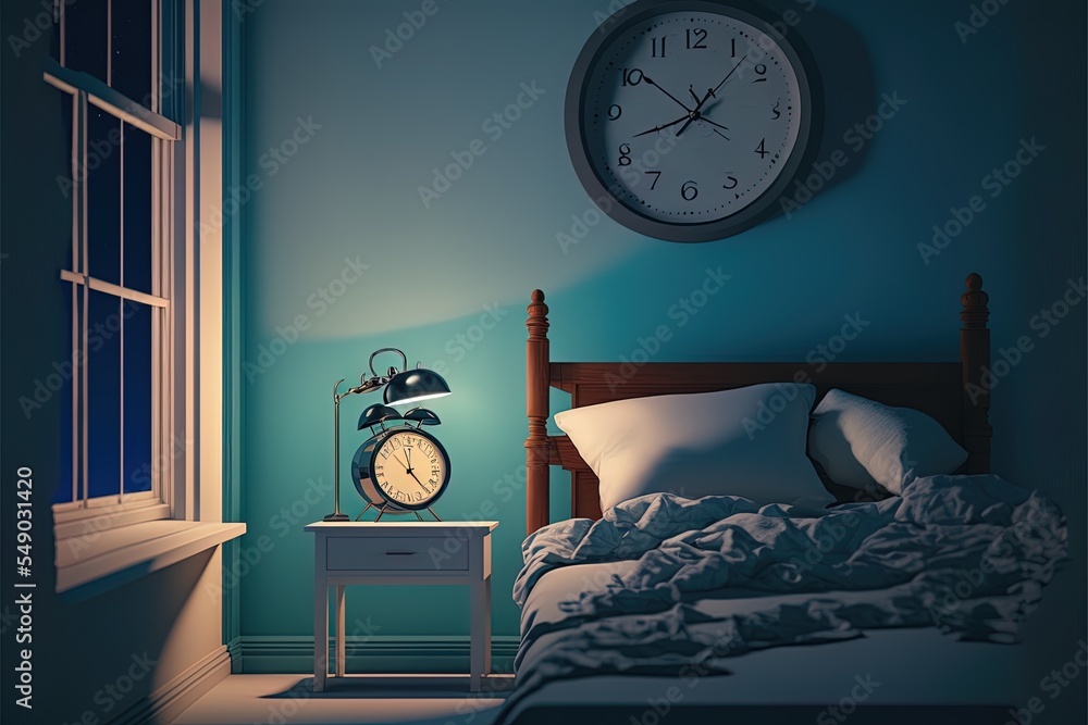 Empty Bedroom At Night Apartment Dormitory Room With No People Inside Alarm Clock Lamp On Nightstand