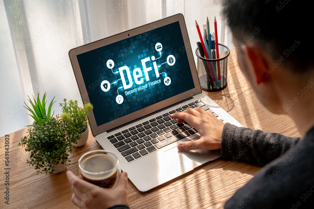Decentralized finance or DeFi concept on modish computer screen . The defi system give new choice of