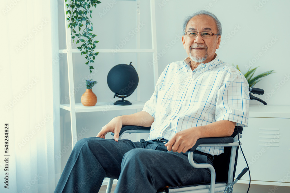 Portrait of a contented elderly man in sitting on a wheelchair at home. Senior person in nursing hou