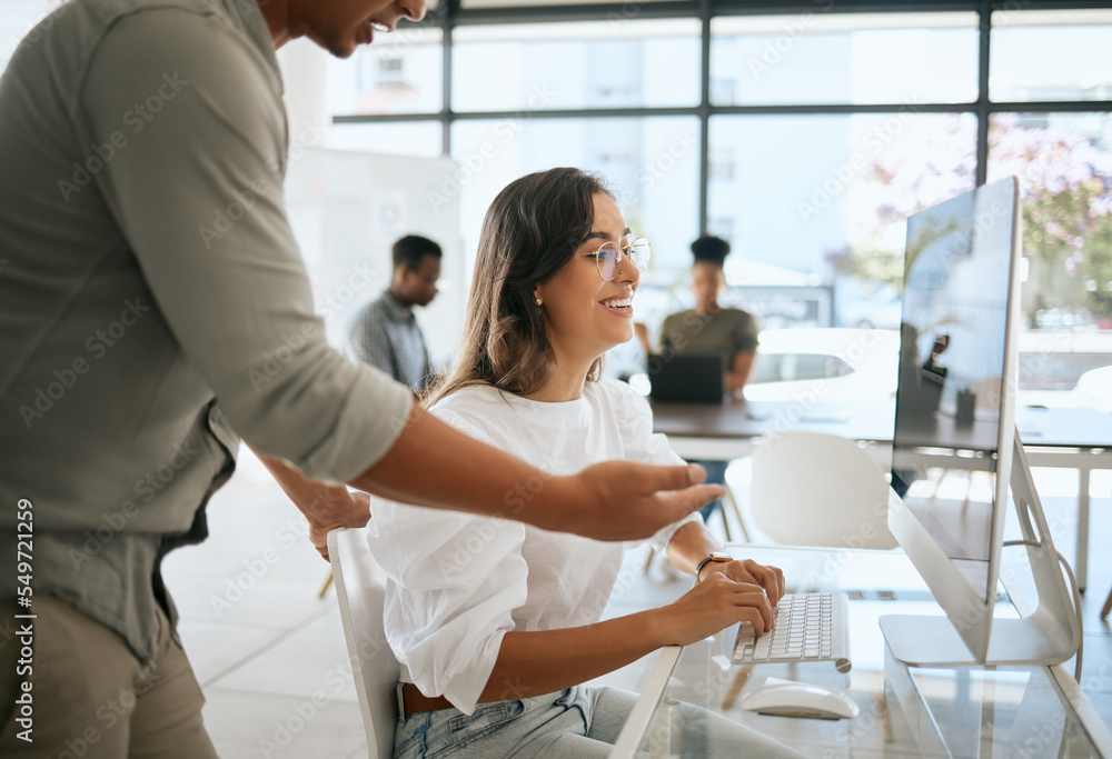 Employees working, collaboration and strategy on computer, software technology and planning in moder